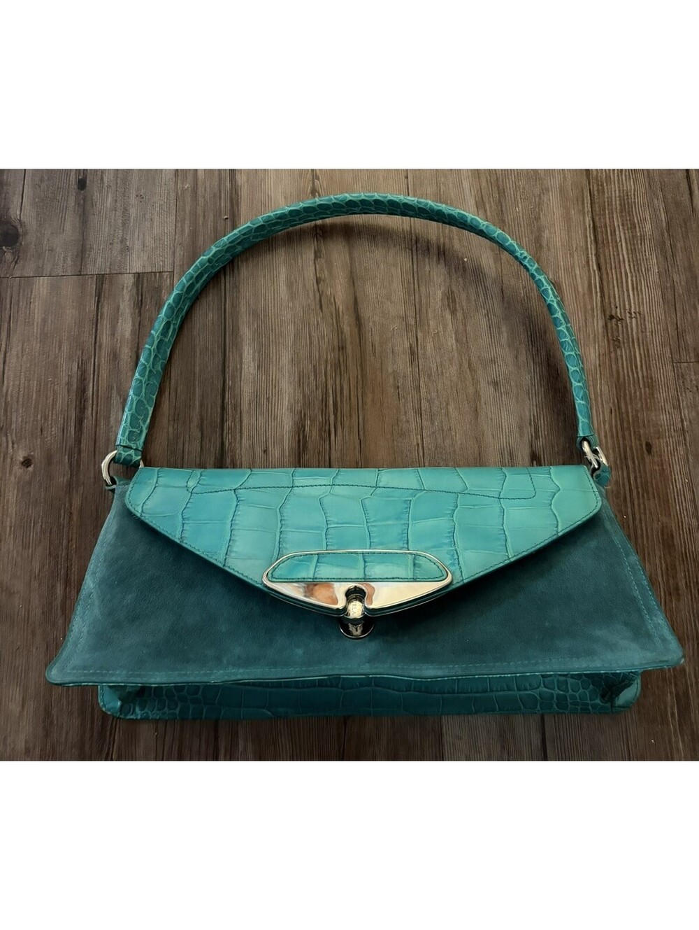 VTG Furla Embossed Teal Crocodile Genuine Leather Flap Bag
